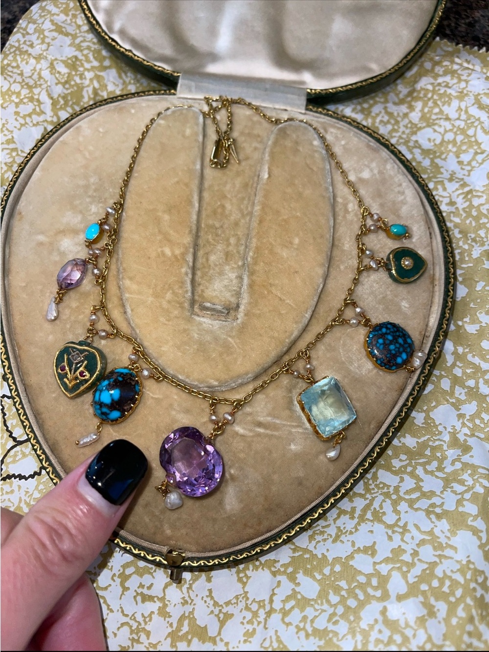 VINTAGE 10k gold gemstone necklace with real gems, pearls, gold and turquoise.